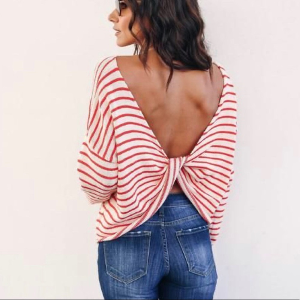 Peppermint Striped Twist Back Sweater.